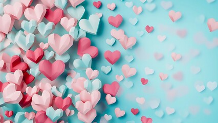 A cluster of pink and light blue hearts scattered on a blue surface, exuding romance and affection