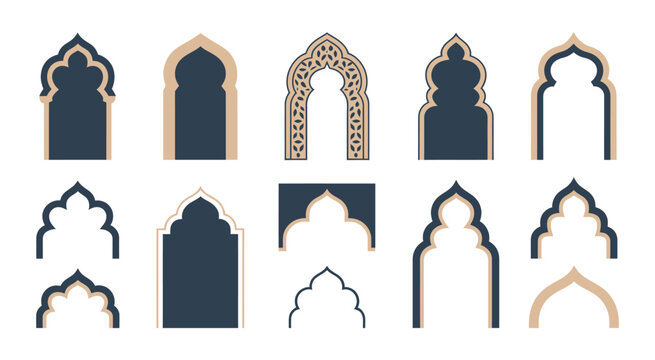 Set of Elegant Islamic and Moroccan Arch Designs, detailed vector artwork of ornate arches, geometric patterns, cultural motifs, architectural decoration, and heritage-inspired design elements.