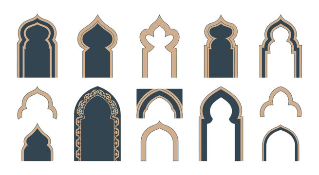 Set of Elegant Islamic and Moroccan Arch Designs, detailed vector artwork of ornate arches, geometric patterns, cultural motifs, architectural decoration, and heritage-inspired design elements.