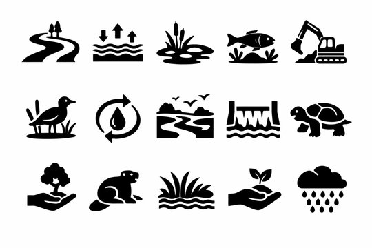 Nature conservation icons: wildlife, flora, and water cycle symbols in black silhouettes