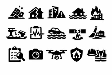 Disaster icons set: earthquake, flood, fire, safety, alert symbols