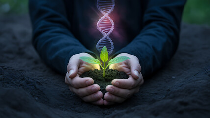 Human hands gently hold a vibrant green plant sprout emerging from rich soil with an ethereal DNA helix above