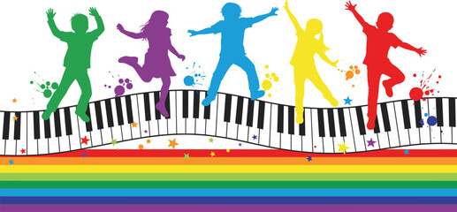 Colorful silhouettes of children dancing on wavy piano keyboard with paint splashes, rainbow band, joyful music and creativity theme © MDTanvir