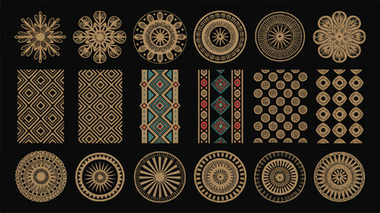 Collection of various ornate circular and rectangular decorative design elements