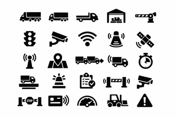 Transportation and security icons set including trucks and cameras