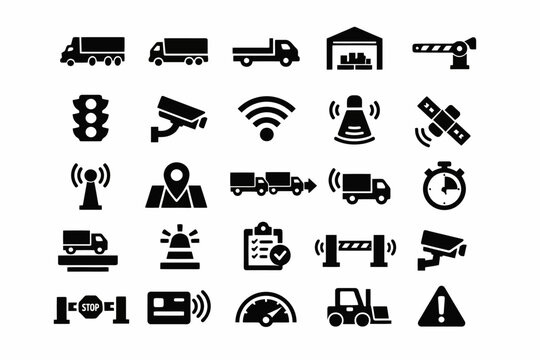 Transportation and security icons set including trucks and cameras