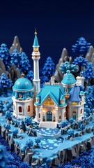 Obraz premium rendering miniature model castle middle snowy landscape castle multiple buildings blue roofs white walls tall white tower blue dome top tower has golden dome side blue roof right side buildings