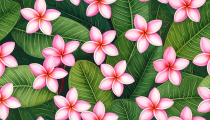 Seamless Pattern of Pink Plumeria Flowers and Green Leaves.