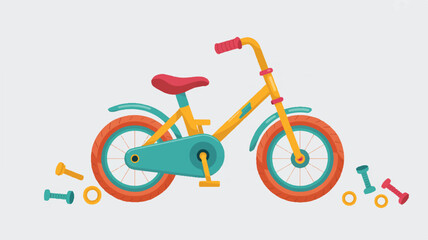 Colorful childrens bicycle with training wheels and tools