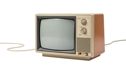 A vintage television set, showcasing a classic design with dials, a speaker, and a power cord against a black backdrop