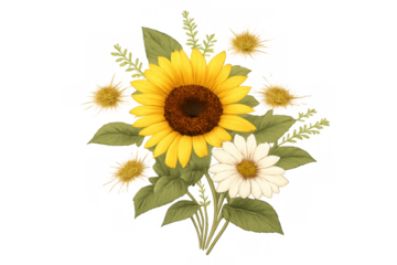 Sunflower and a white daisy blooming together in a beautiful floral arrangement, botanical leaves and branches adding to the design. Transparent background