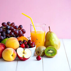 Fruit drink with berries and citrus on bright background. Beverage and food concept for advertising and branding.