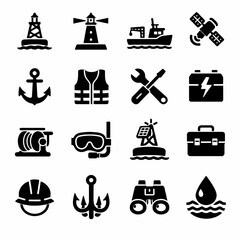 Nautical and marine icon set: tools, equipment, and symbols