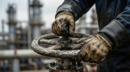 Close-up of manual worker operating rusty pipeline system. Detail of heavy industry maintenance in refinery factory.