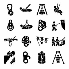 Rock climbing equipment and techniques icons set