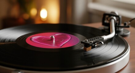 Vinyl record player with pink heart label on wooden table