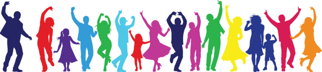Colorful silhouettes of people dancing and celebrating, joyful community concept for diversity, party, movement, and festive themes.