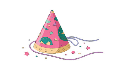 colorful pink party hat with ribbons and stars