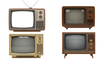 Four retro television sets, each featuring a classic design, various colours, and knob variations on a black background