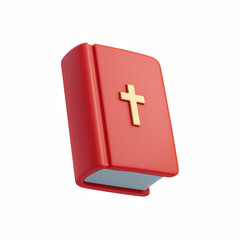 Obraz premium 3D cute cartoon holy bible book with gold cross on red cover, isolated on transparent background.