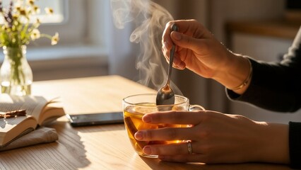 woman's hands stirring steaming tea in glass cup on wooden table  
