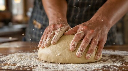 Close-up of baker's hands kneading dough dusted with flour on a wooden surface, capturing the essence of homemade baking