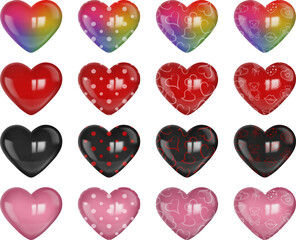 set of isolated valentine's day hearts. collection od colorful valentine hearts with funny patterns