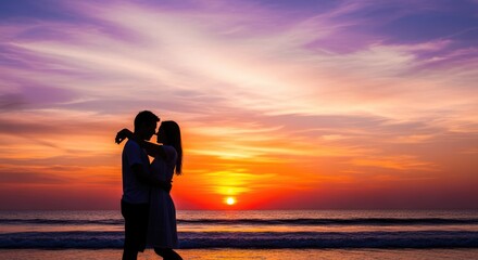 Romantic couple embracing on a serene beach at sunset
