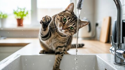 Cat playing with water from kitchen faucet in bright interior  