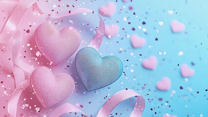 A lovely composition featuring multiple heart-shaped objects with delicate ribbons and scattered confetti