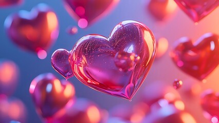 Romantic and gleaming heart-shaped decorations floating gracefully in a soft-lit atmosphere. These symbols of love create a warm and inviting vibe.