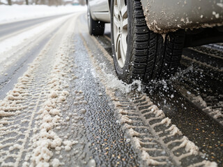 Car tire splashing through slush on snowy winter road  