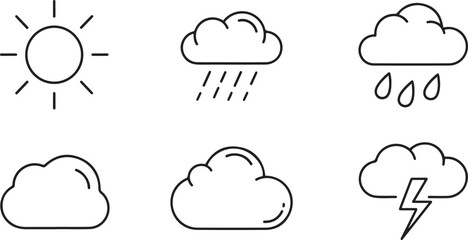 Set of Six Black Outline Icons Representing Weather Conditions