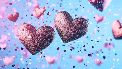 A vibrant and romantic composition featuring several hearts with glitter