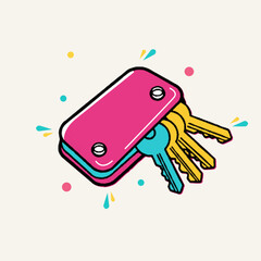 Halftone pop art dot compact key organizer and holder with various colorful metal keys, vector illustration