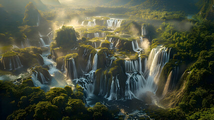 Majestic panoramic view of towering waterfalls in lush green landscape