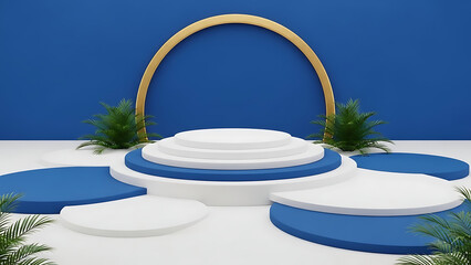 Wedding table setting illustration with plates and decorations on a blue-themed reception table