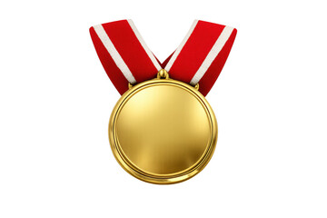 Gold medal with blank face and red ribbon winning award, achievement, success, and first place recognition