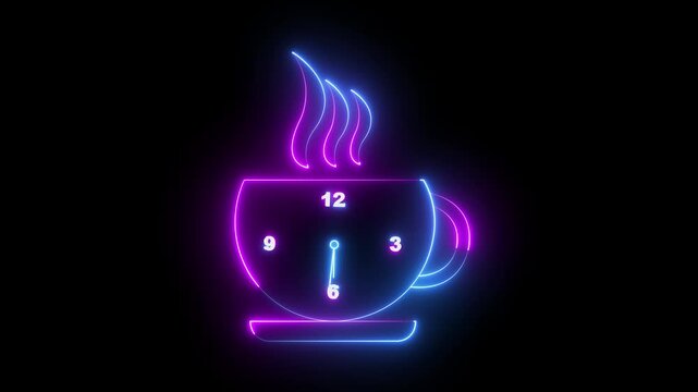 glowing neon coffee time icon animation on black background. coffee break icon. cup of coffee with clock showing concept of coffee time animation icon. Rest and refresh concept. 4k video animation.