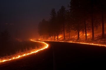 Firebreak line created to stop forest fire spread, human intervention and safety measures theme