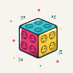 Halftone pop art dot isometric colorful power socket cube with multiple outlets for electricity, vector illustration