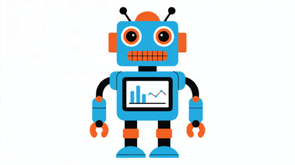 Cute blue robot with orange details and graph on screen standing alone