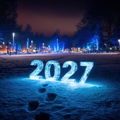 2027 in the snow, with glowing crystals next to it and footprints