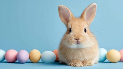 cute bunny with colorful eggs on blue, A cute bunny surrounded by colorful eggs on a blue background, evoking a cheerful springtime scene
