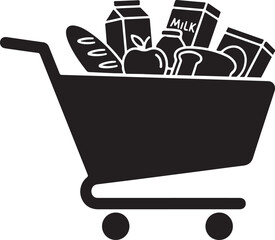 Shopping Cart Filled with Groceries Including Bread and Milk