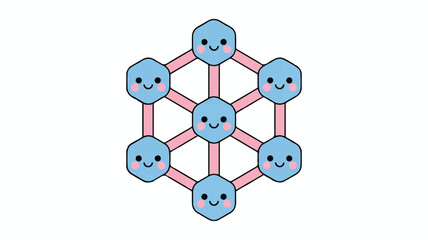 Cute cartoon smiling faces connected in hexagonal network pattern