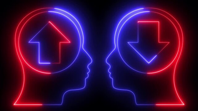 glowing neon growth mindset vs fixed mindset icon animation. Two head silhouettes facing each other. Arrow icons in opposite directions. .Mindset concept with head silhouette. Business solution.