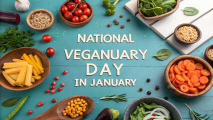 The text 'National Veganuary Day in January' is centered among fresh vegetables and grains on a vibrant blue wooden table.