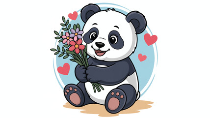 Cute panda bear holding a bouquet of flowers and hearts around