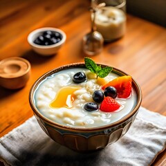 Rice porridge with milk, fresh fruit and honey.